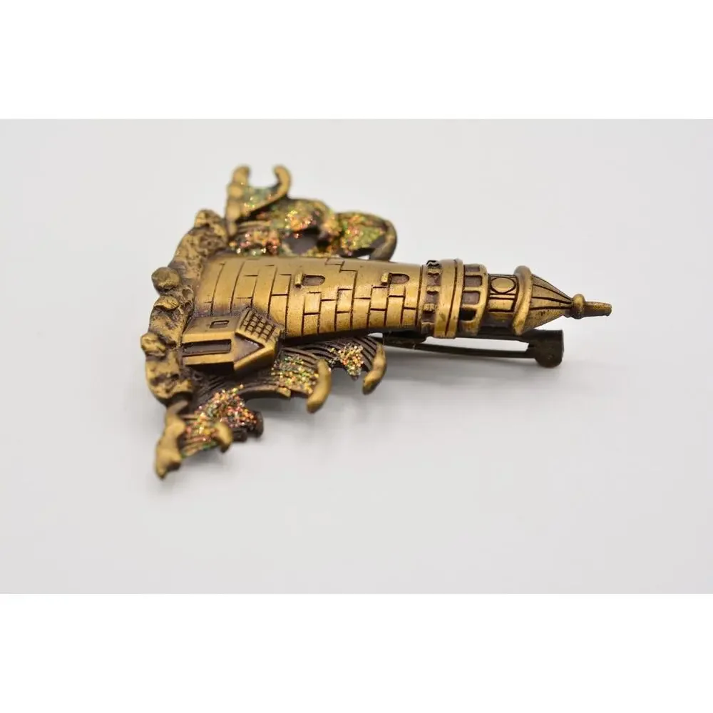 JJ Vintage Lighthouse Pin Brooch Glitter Beach Waves Bronze Signed 1980s BinAH